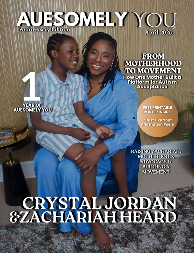 Dr. Crystal Jordan and Zachariah Heard on the April 2026 anniversary cover of Auesomely You Magazine